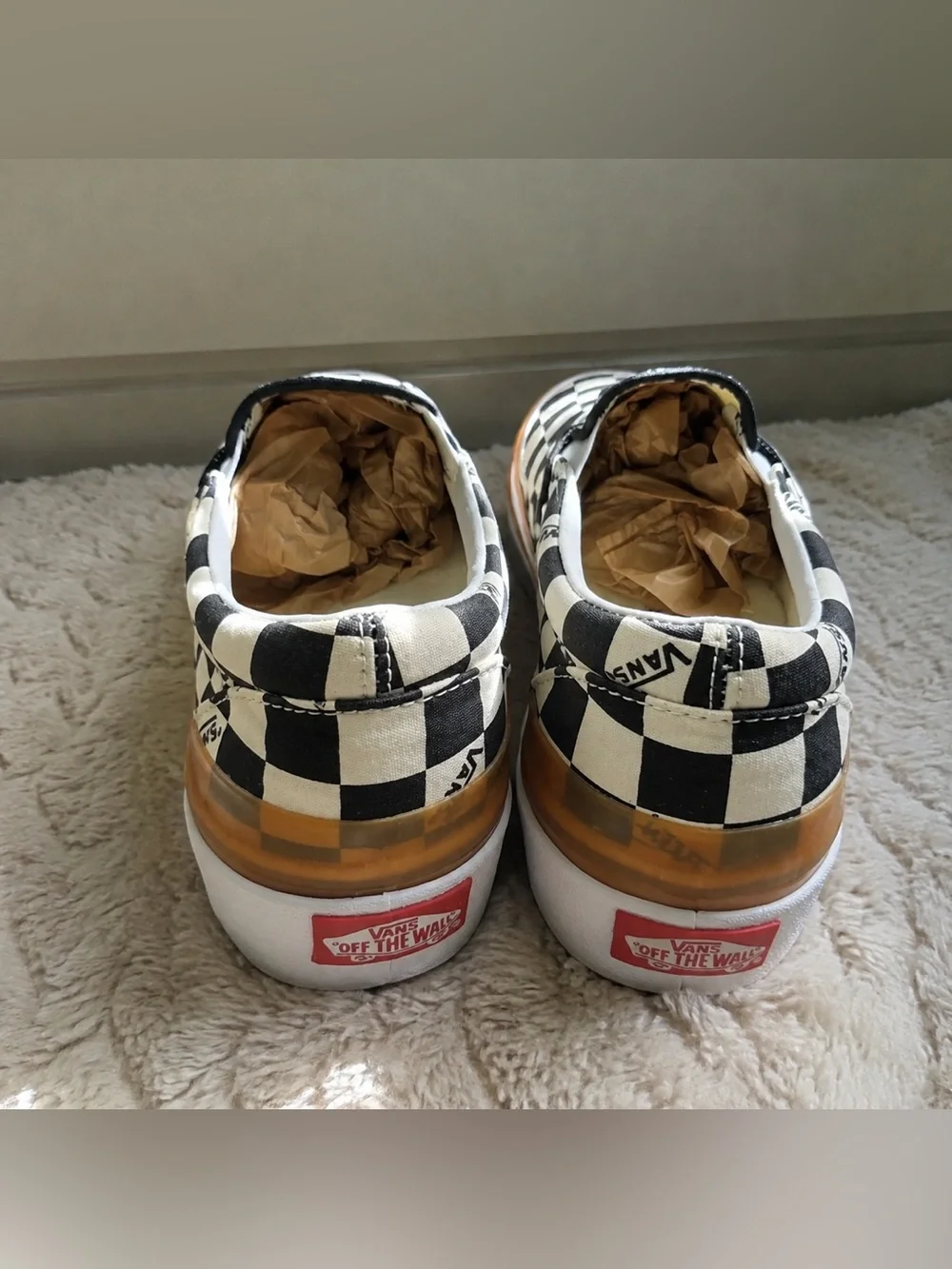 Vans Kids Checkerboard Slip-On Sneakers - Black & White with Brown Trim